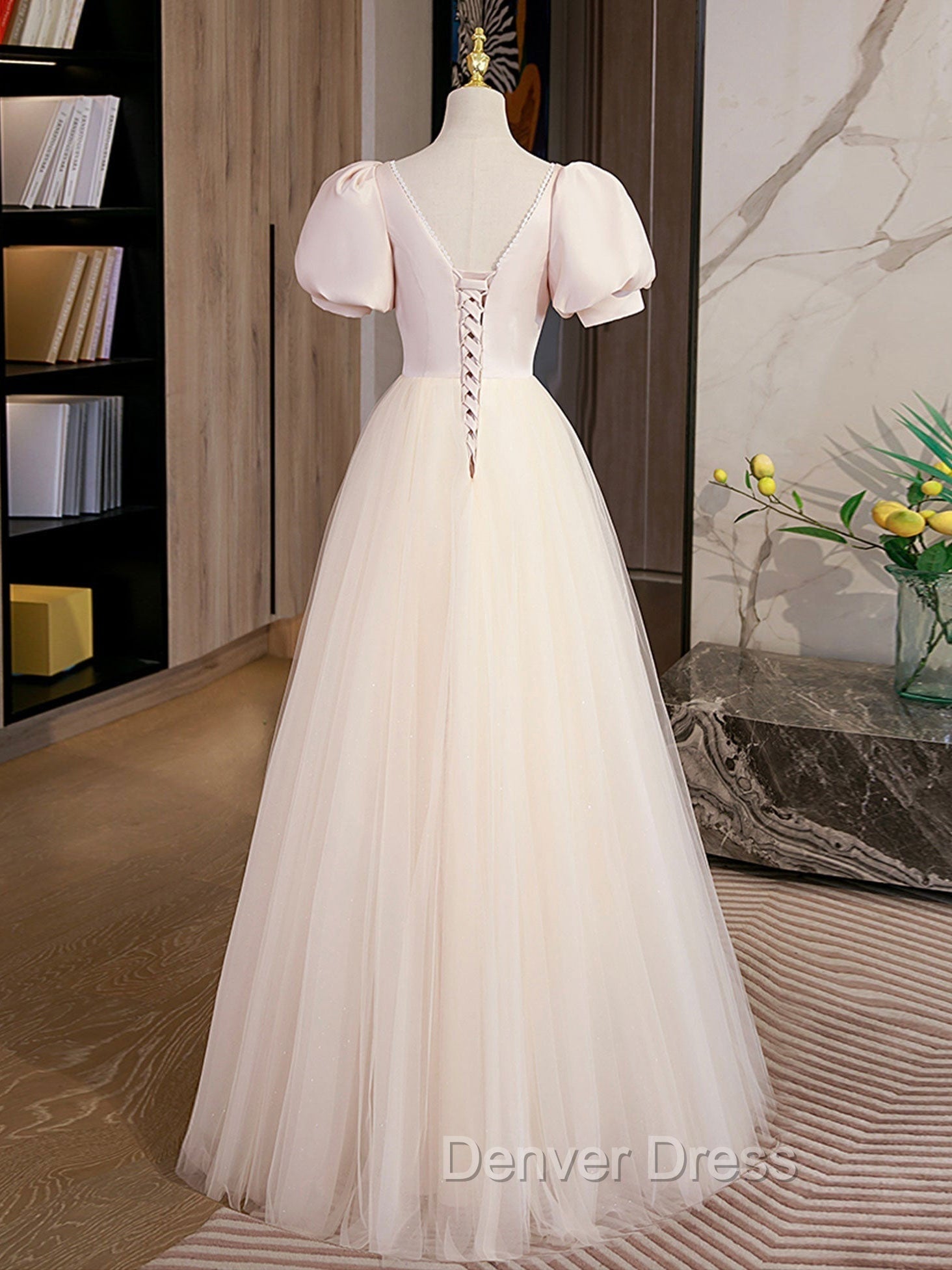 Champagne Tulle A Line Long Prom Dresses, Champagne Formal Graduation Dresses