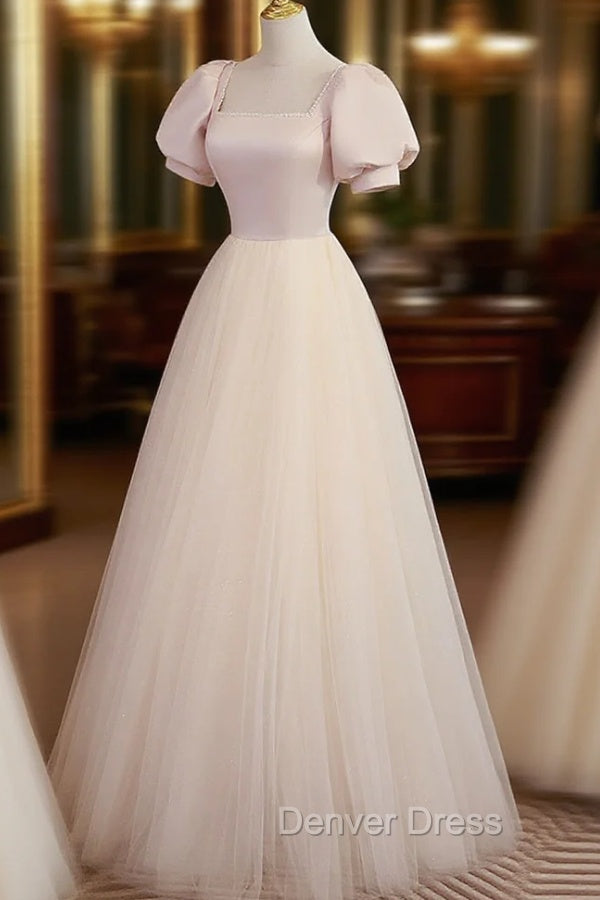 Champagne Tulle A Line Long Prom Dresses, Champagne Formal Graduation Dresses