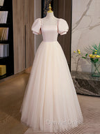 Champagne Tulle A Line Long Prom Dresses, Champagne Formal Graduation Dresses