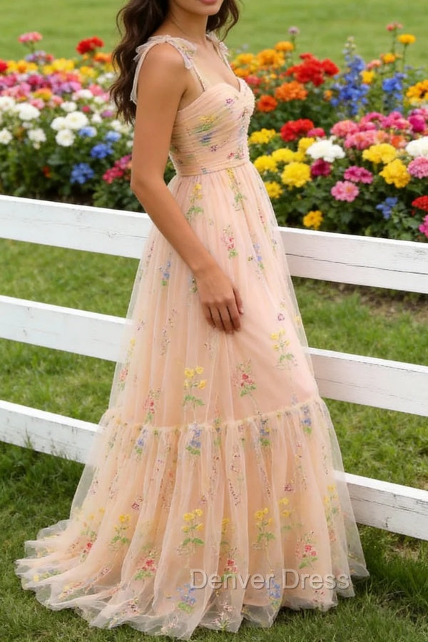 Champagne Tulle A Line Spaghetti Straps Ruched Long Prom Dress with Embroidery Secondary image