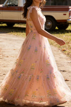 Champagne Tulle A Line Spaghetti Straps Ruched Long Prom Dress with Embroidery