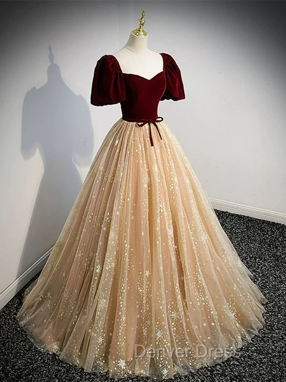 Champagne Tulle and Velvet Long Party Dresses, Short Sleeves Prom Dresses