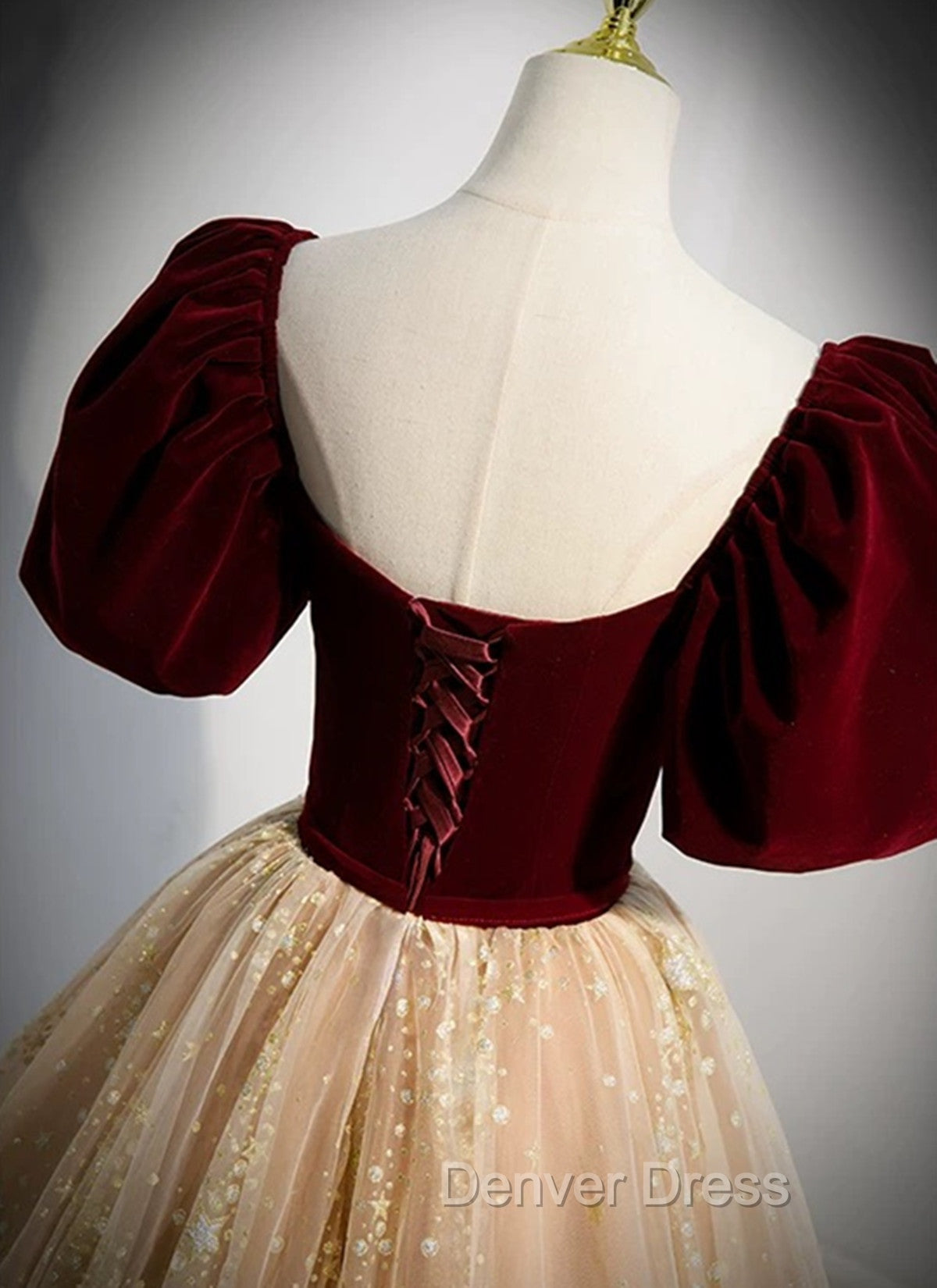 Champagne Tulle and Velvet Long Party Dresses, Short Sleeves Prom Dresses