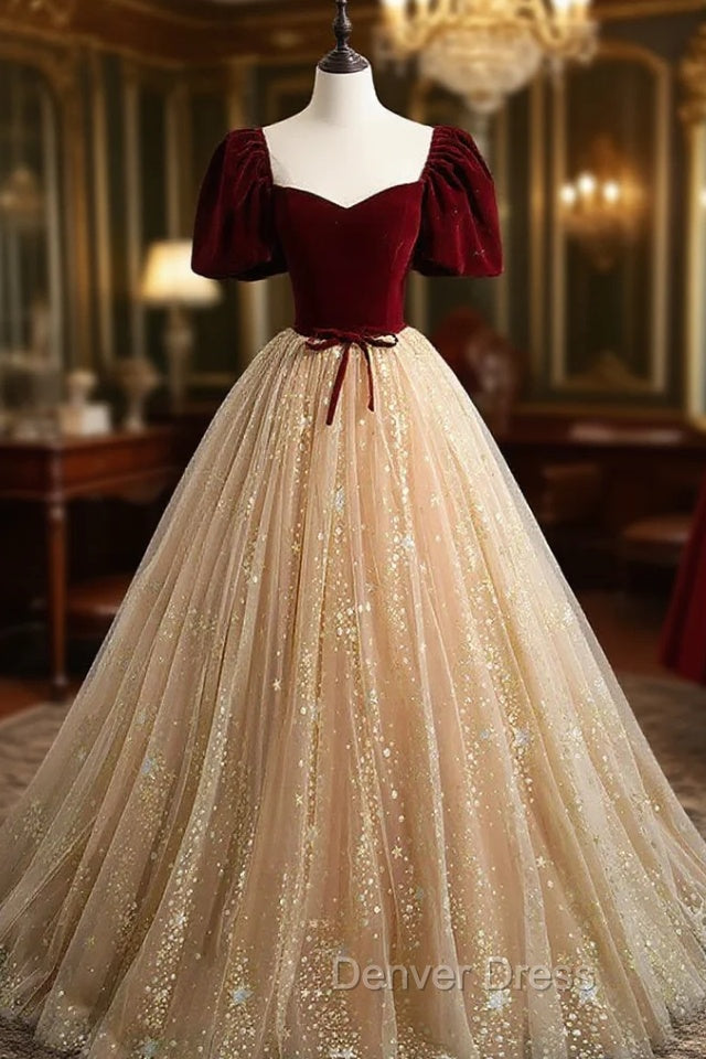 Champagne Tulle and Velvet Long Party Dresses, Short Sleeves Prom Dresses Main image