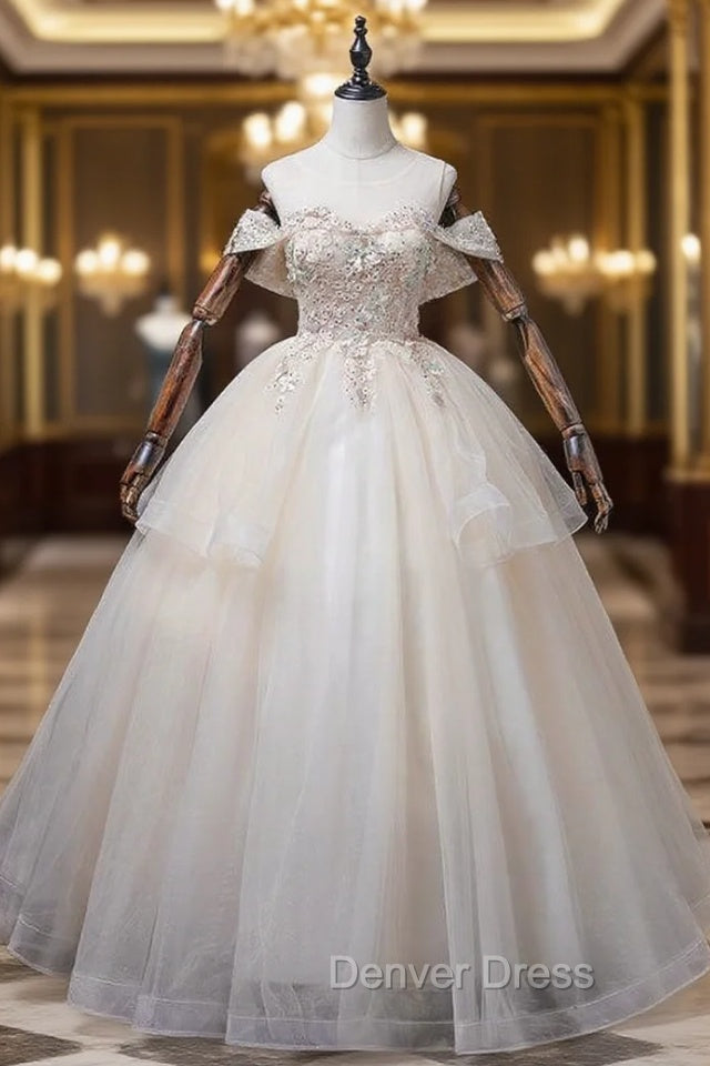 Champagne Tulle Appliques Beading Quinceanera Dresses