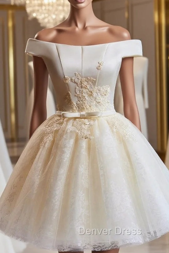 Champagne Tulle Appliques Off the Shoulder Homecoming Dresses Main image