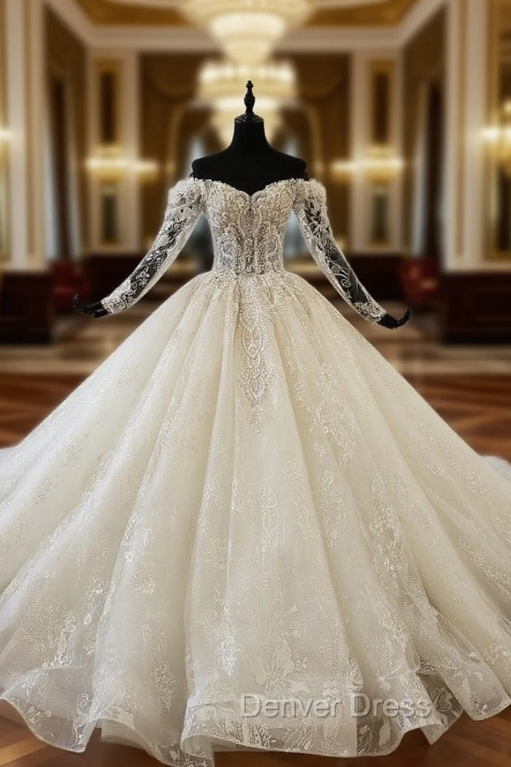 Champagne Tulle Appliques Off the Shoulder Long Sleeve Wedding Dresses Main image