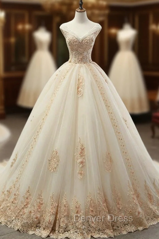 Champagne Tulle Ball Gown Off The Shoulder Appliques Wedding Dresses Main image