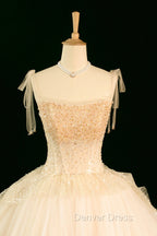 Champagne Tulle Beaded Long Prom Dresses, A-Line Evening Party Dresses