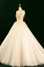 Champagne Tulle Beaded Long Prom Dress, A Line Prom Dresses