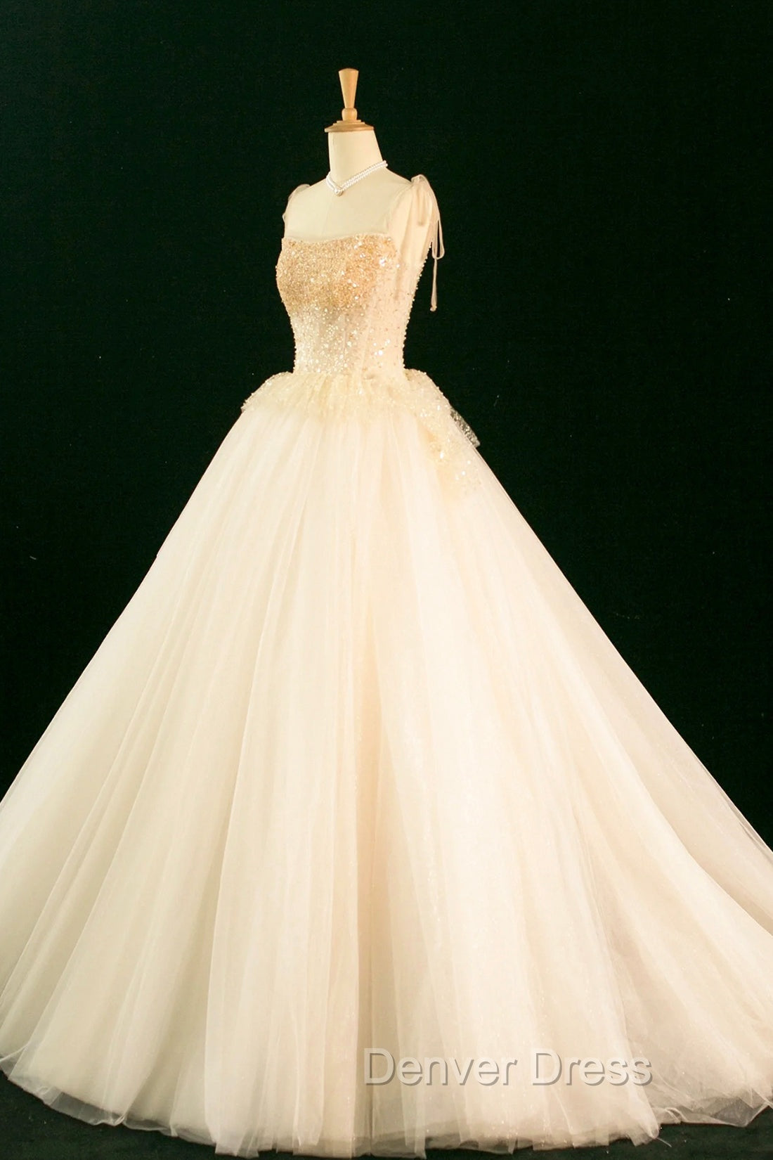 Champagne Tulle Beaded Long Prom Dress, A Line Prom Dresses