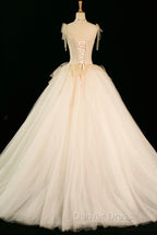 Champagne Tulle Beaded Long Prom Dresses, A-Line Evening Party Dresses