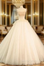 Champagne Tulle Beaded Long Prom Dresses, A-Line Evening Party Dresses