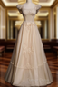 Champagne Tulle Beading Prom Dresses