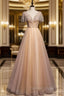 Champagne Tulle Beading V-neck Prom Dresses
