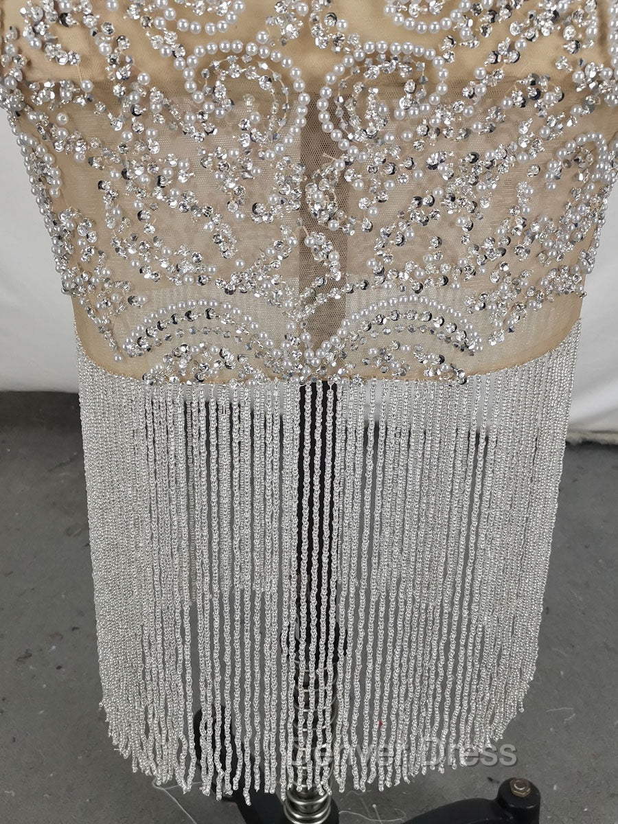 Champagne Tulle Beads Mermaid Short Prom Dresses, Champagne Evening Dresses