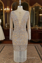 Champagne Tulle Beads Mermaid Short Prom Dresses, Champagne Evening Dresses