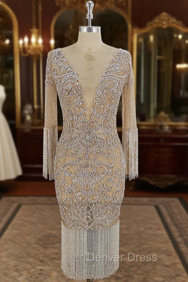 Champagne Tulle Beads Mermaid Short Prom Dresses, Champagne Evening Dresses