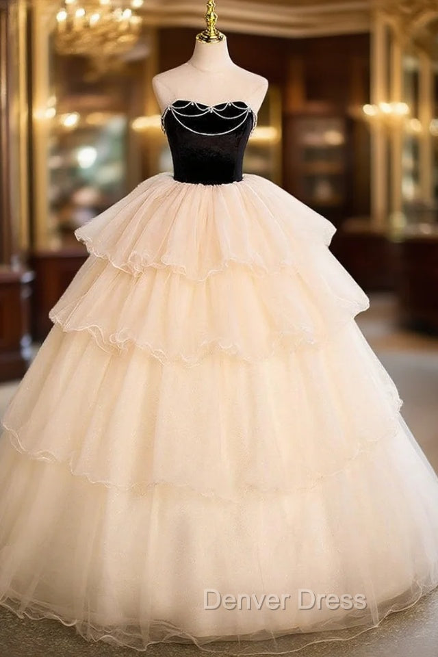 Champagne Tulle Black Velvet Strapless Beading Quinceanera Dresses