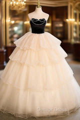 Champagne Tulle Black Velvet Strapless Beading Quinceanera Dresses