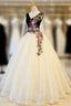Champagne Tulle Black Velvet V Neck Appliques Quinceanera Dresses