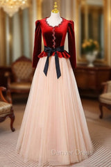 Champagne Tulle Burgundy Velvet Long Sleeve Prom Dresses