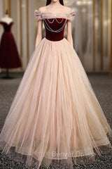 Champagne Tulle Burgundy Velvet Off the Shoulder Prom Dresses