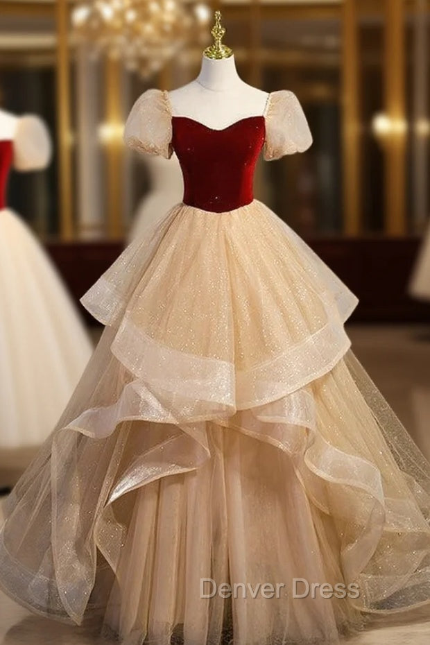 Champagne Tulle Burgundy Velvet Prom Dresses