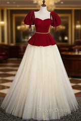 Champagne Tulle Burgundy Velvet Puff Sleeve Beading Prom Dresses