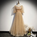Champagne Tulle Chich Long Puffy Sleeves Party Dress Formal Dress, A-line Tulle Prom Dress