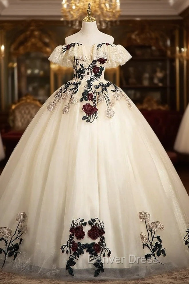 Champagne Tulle Embroidery Appliques Quinceanera Dresses