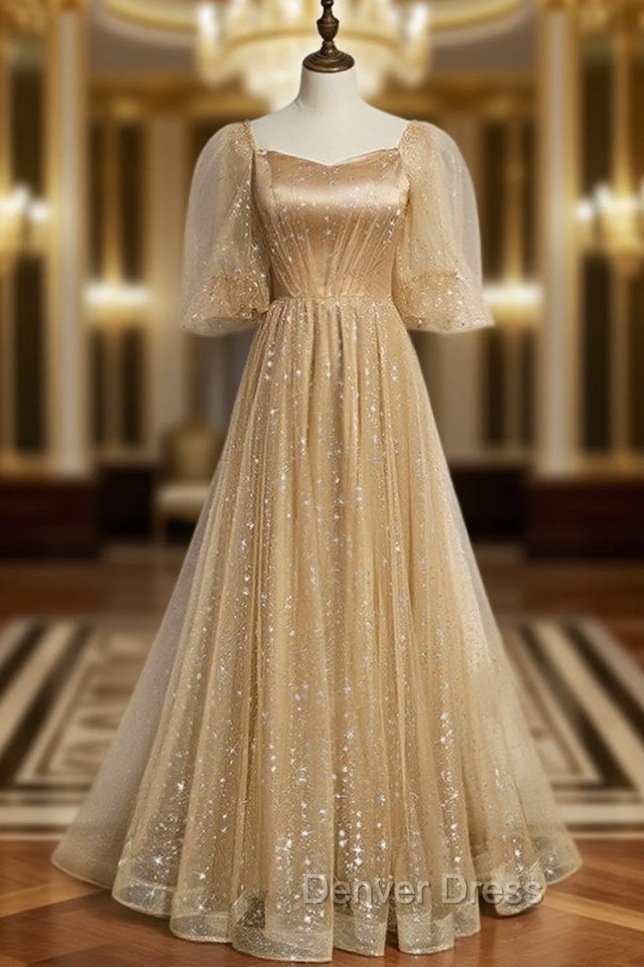 Champagne Tulle Embroidery Puff Sleeve Prom Dresses
