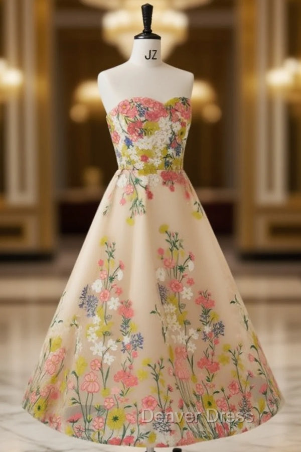 Champagne Tulle Embroidery Strapless Tea Length Prom Dresses
