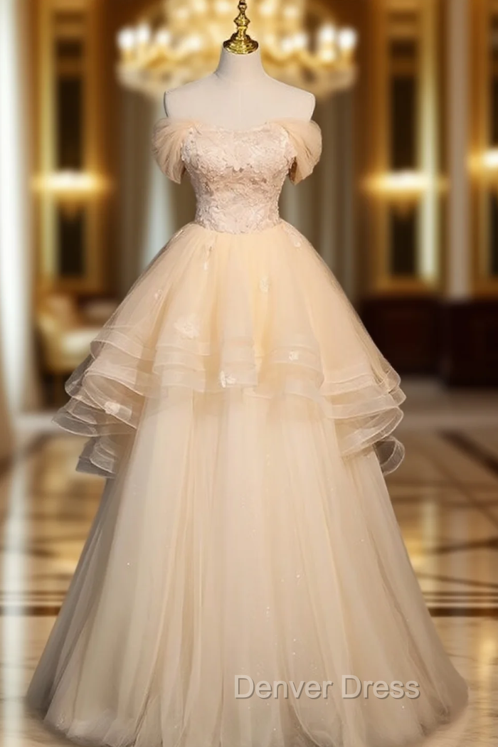 Champagne Tulle Flower Beading Off the Shoulder Prom Dresses