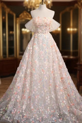 Champagne Tulle Flower Off the Shoulder Prom Dresses