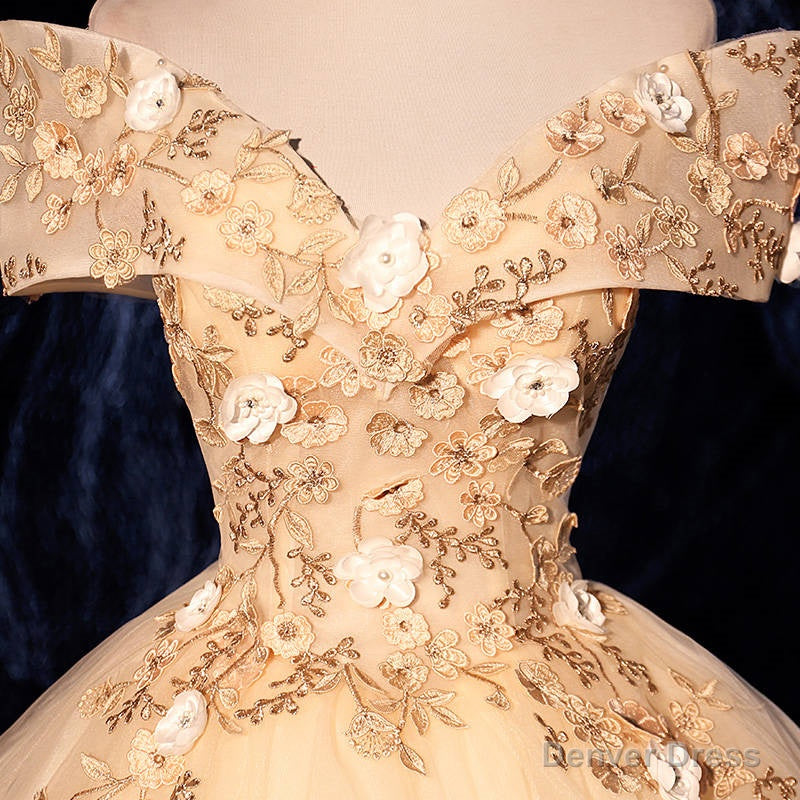 Champagne Tulle Flowers  Off Shoulder Sweet 16 Party Dress, Long Prom Dress, Formal Gown Secondary image