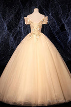 Champagne Tulle Flowers Off Shoulder Sweet 16 Prom Dress, Long Prom Dresses, Prom Gowns