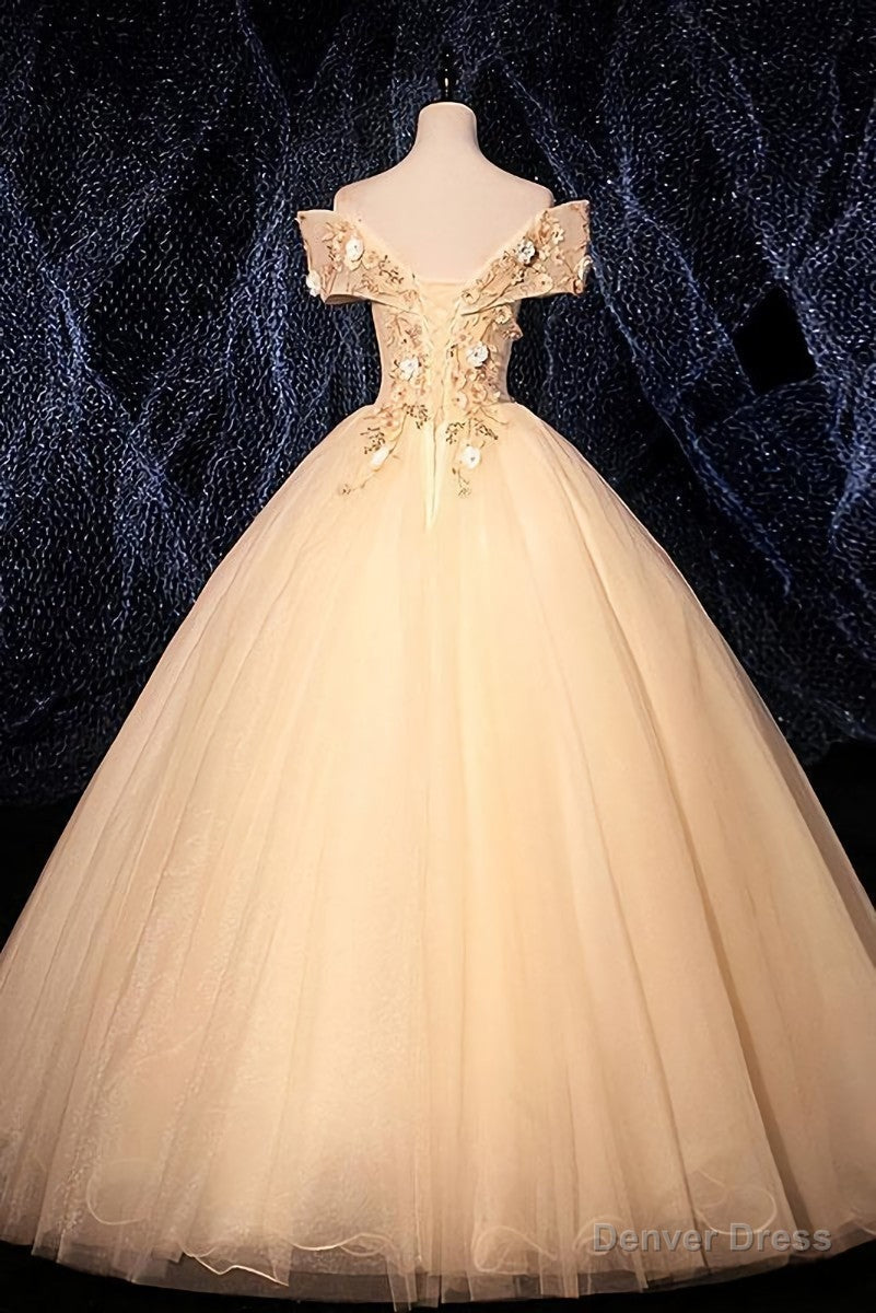 Champagne Tulle Flowers Off Shoulder Sweet 16 Prom Dress, Long Prom Dresses, Prom Gowns