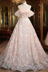 Champagne Tulle Flowers Sequins Off the Shoulder Prom Dresses