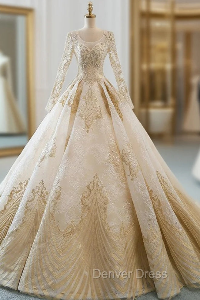 Champagne Tulle Gold Appliques Long Sleeve Wedding Dresses Main image