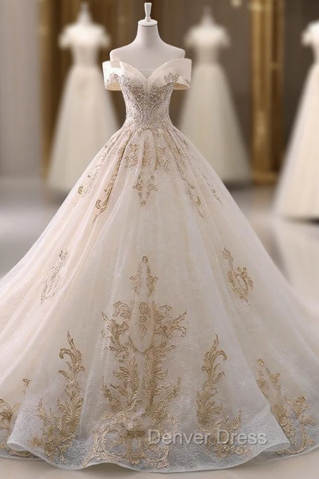 Champagne Tulle Gold Appliques Off The Shoulder Wedding Dresses Main image
