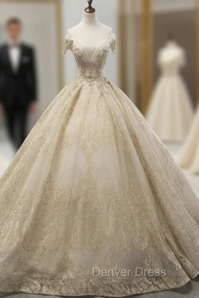 Champagne Tulle Gold Lace Appliques Off The Shoulder Wedding Dresses Main image
