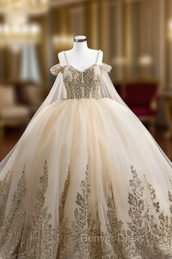Champagne Tulle Gold Sequins Appliques Spaghetti Straps Pearls Prom Dresses Main image