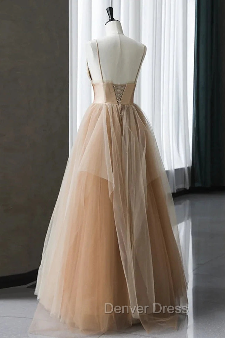 Champagne Tulle Gradient Tulle Straps Long Prom Dresses, Charming Prom Gowns