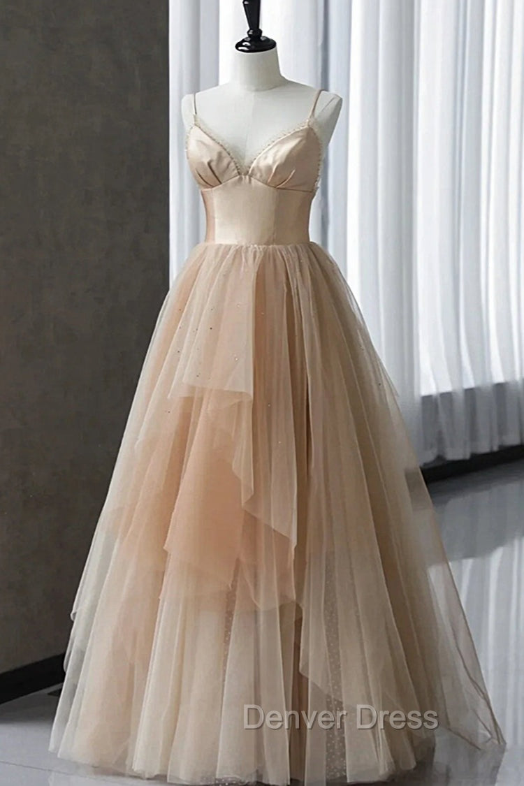 Champagne Tulle Gradient Tulle Straps Long Evening Dresses, Charming Formal Gown