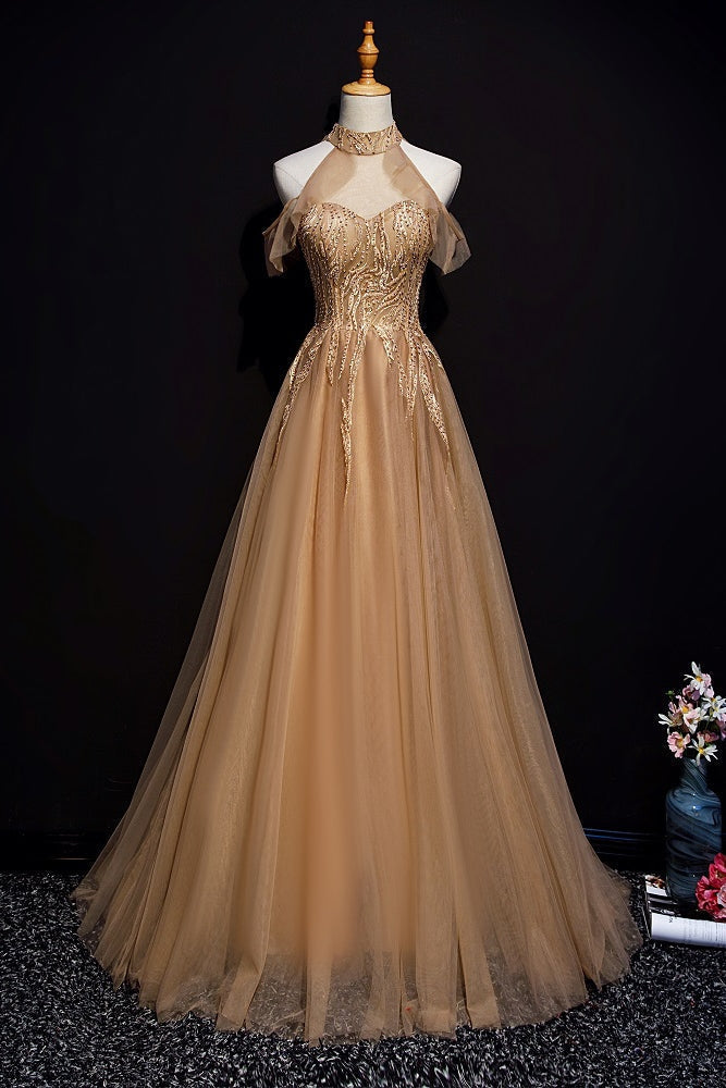 Champagne Tulle Halter Long Prom Dresses, A-Line Prom Gowns Secondary image