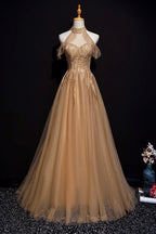 Champagne Tulle Halter Long Prom Dresses, A-Line Prom Gowns