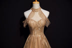 Champagne Tulle Halter Long Prom Dresses, A-Line Prom Gowns