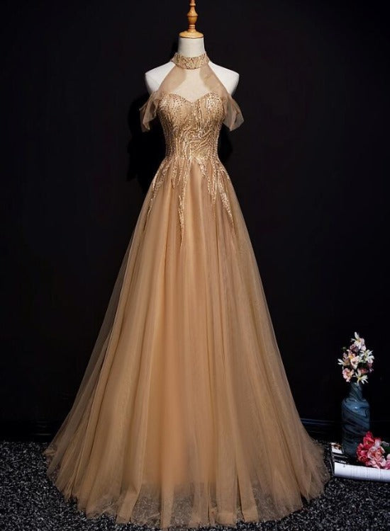 Champagne Tulle Halter Long Prom Dresses, A-Line Prom Gowns Main image