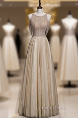 Champagne Tulle Hand Work Beading Long Prom Dresses